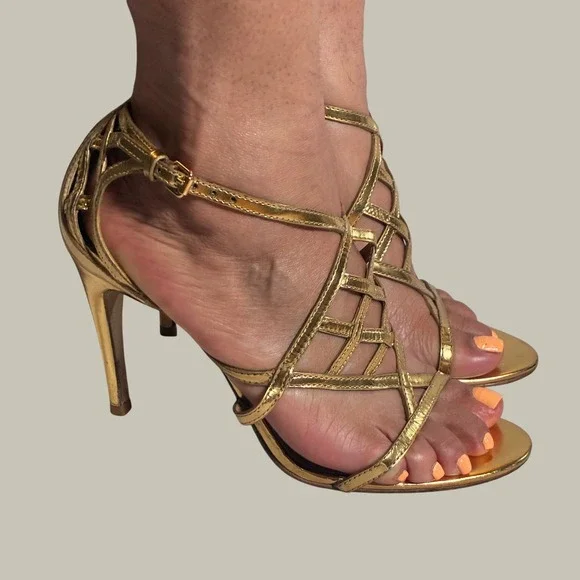 Tory Burch Amalie Strappy Cage Womens 7.5 Gold Metallic Stiletto Heels Buckle