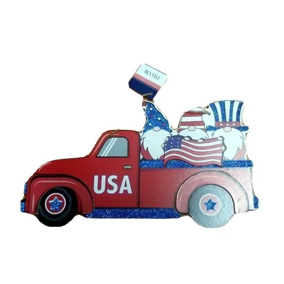 Lot of 2 Patriotic Wall Hangings RED Pickup Trucks w/Gnomes 13
