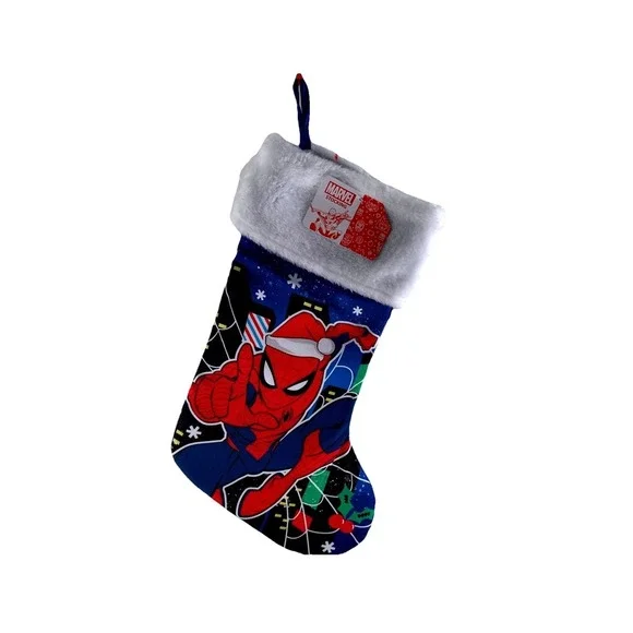 Marvel Spider-Man Christmas Stocking Blue‎ Red Santa Hat Plush Cuff 15 Inch NWT