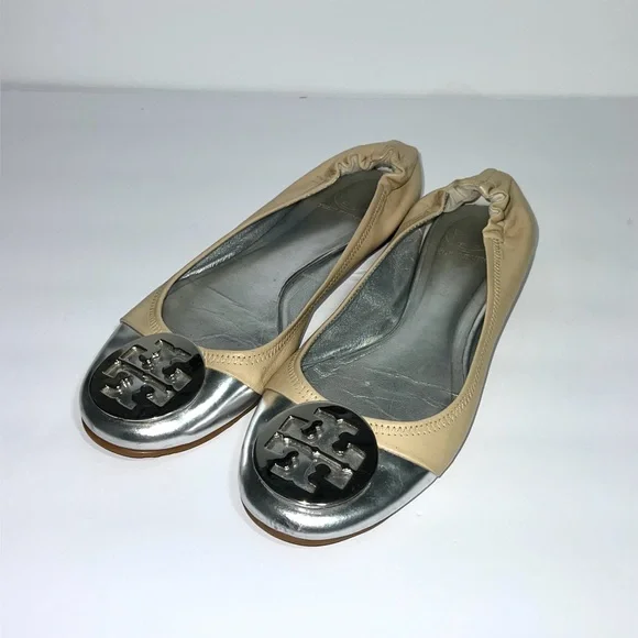 Tory Burch Serena Sz 9 Two Toned Silver Metallic Cap Toe Beige‎ Reva Flats