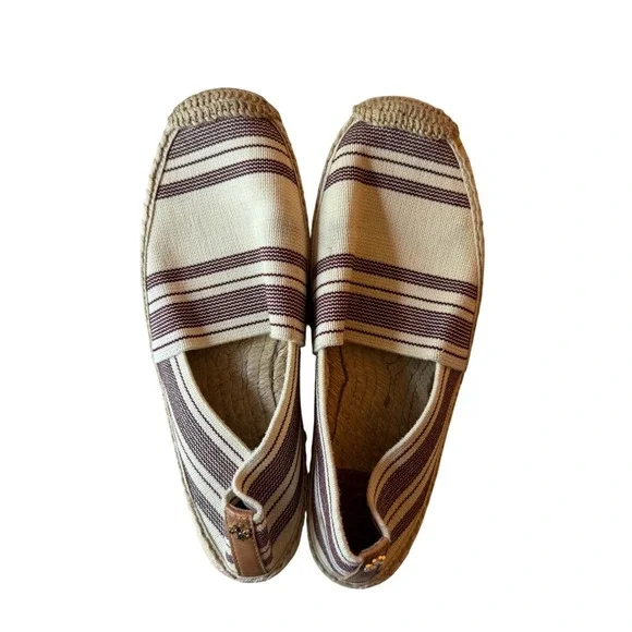 Tory Burch Striped Canvas Espadrille Flats Cream Burgundy Logo Size 7