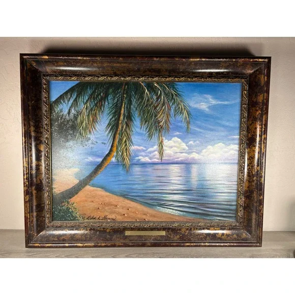 Debra K Harris Original Oil Painting Tropical‎ Beach Psalm 23:2 Ornate 28x22