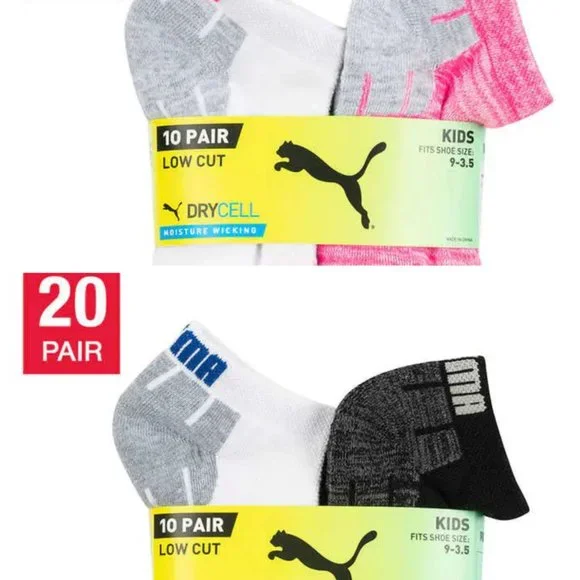 New! PUMA Youth kids Low Cut Sock 20-pair Black White Pink Select Color Size NWT