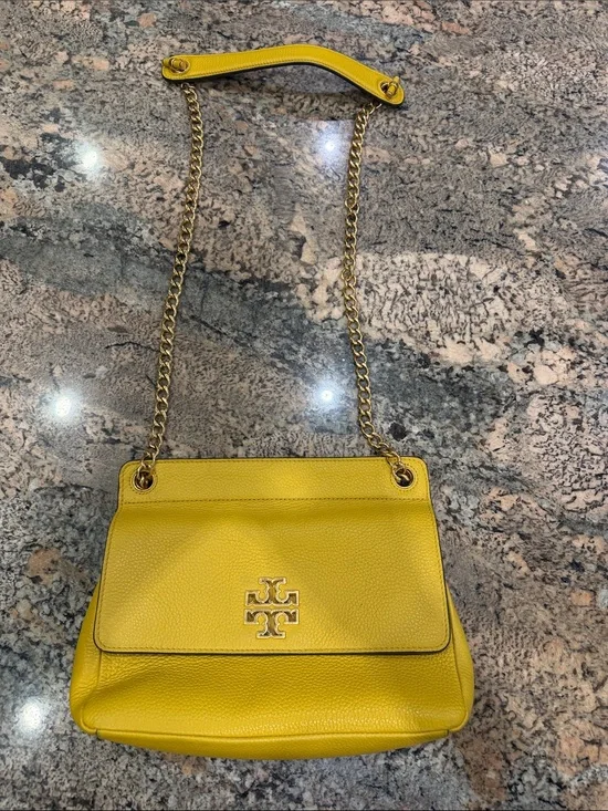 Tory Burch Yellow Pebbled Leather Chain Shoulder Bag with Gold Logo