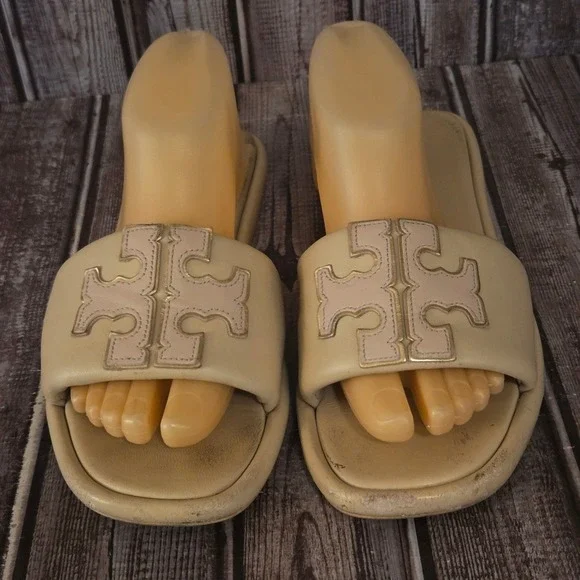 Sz 8.5 Tory Burch Double T Sport Slide Dolce De Leche Leather Logo Sandals