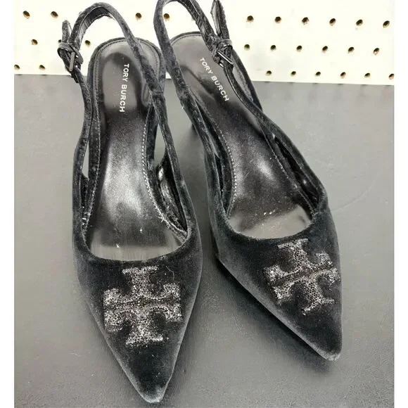 Tory Burch Women's Eleanor Pave Pointed Toe Slingback Pumps Black 7 1/2