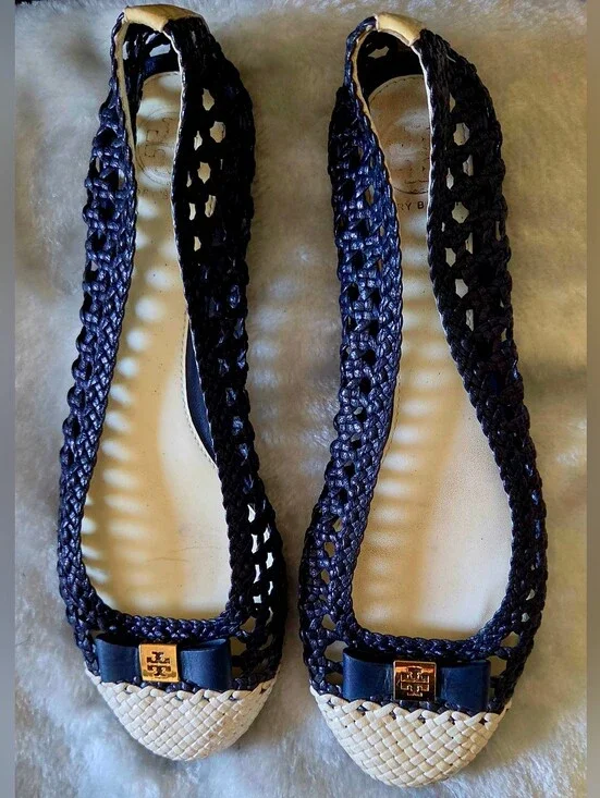 Tory Burch Navy Raffia-Trim Bow Flats