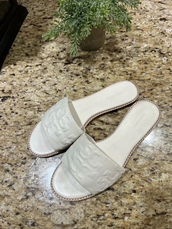 Tory Burch Everly High Frequency White Logo Embossed Slide Sandals 9.5M