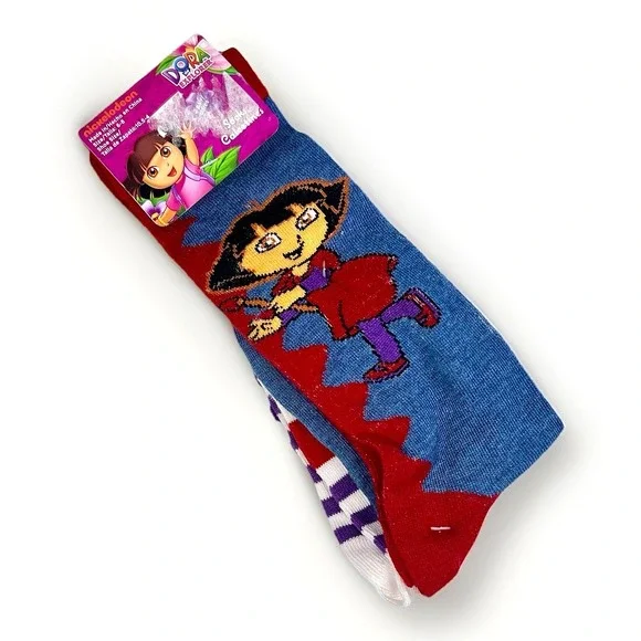 Nickelodeon Dora The Explorer & Boots Calf Socks Girl 6-8 Blue Maroon Pair/2 NWT