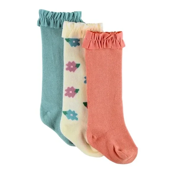 Rufflebutts Girls 6-8 3 Pack Knee High Ruffle Socks‎ Floral Pink Blue NEW