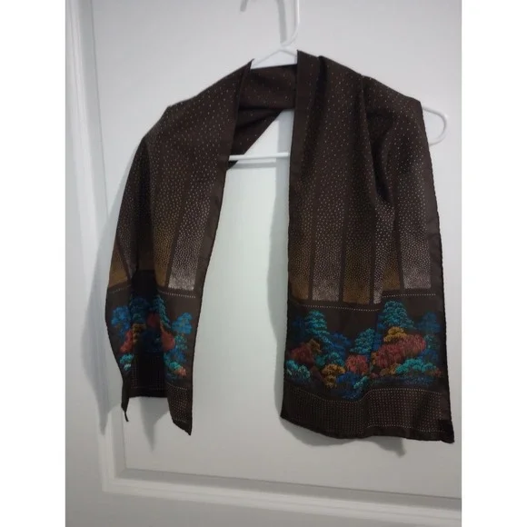 Vintage Scarves by Nasharr Japan Scenic Trees Long Neck‎ Scarf Brown Mod Boho...