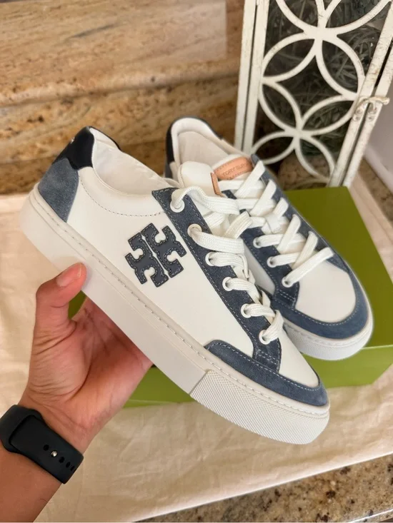 New Tory Burch COLOR BLOCK SNEAKER. BARI NAPPA 1.2-1.4MM PERFECT NAVY WHITE