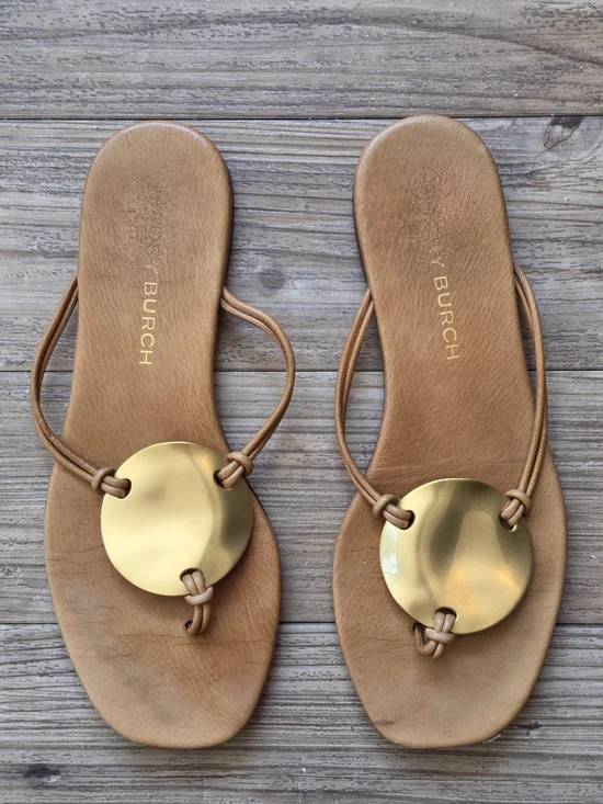 Tory Burch Tan Leather Sandal with Gold Medallion