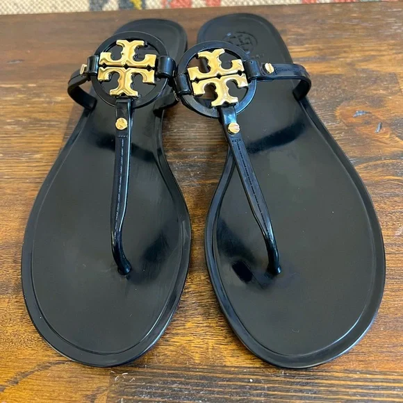 Tory Burch Miller “Display Shoes” Black Jelly Gold Logo Sandals US7