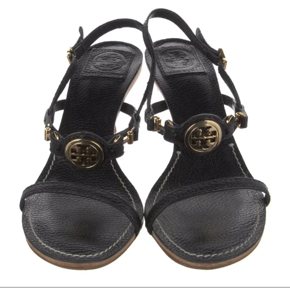 New Tory Burch Black Gold Mira 70mm Tumbled Leather Sandals 9.5