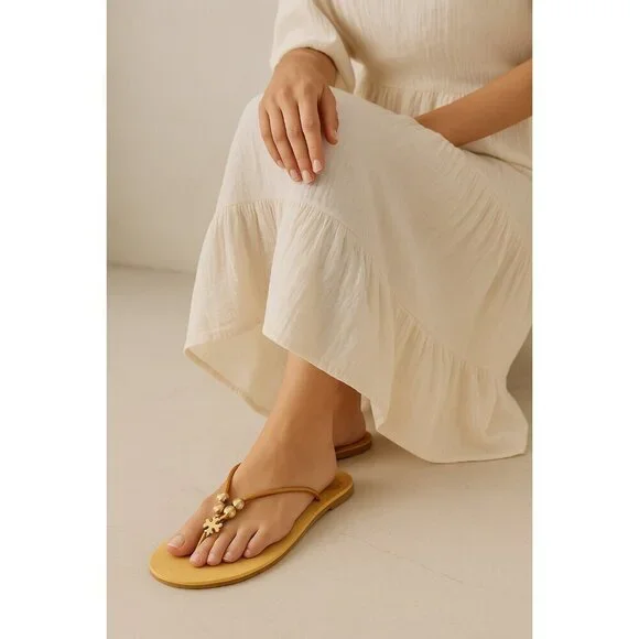 Tory Burch Women Leather Thong Sandals Gold Logo Beads Tan Flat Flip Flop Sze10M