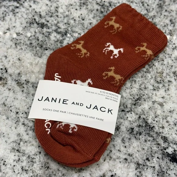 Janie and Jack Kids 12-24M Socks Rust Brown Horse Pattern Equestrian Preppy