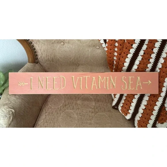 90s I Need Vitamin Sea Wood Sign arrow coral gold beach house 3x24 vacation