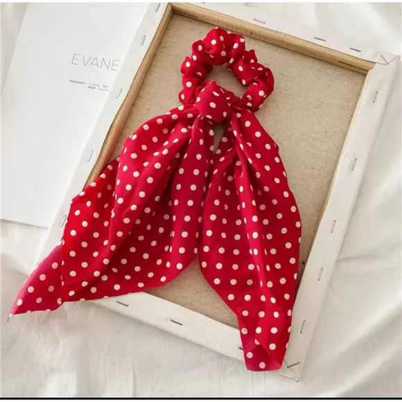 Red Polka Dot‎ Print Bow Satin Long Ribbon Ponytail Scarf Hair Tie Scrunchies