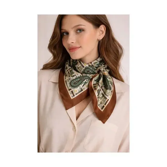 Vintage Scarf Green Brown Paisley Plaid Hand Rolled Polyester Retro Mod 26 1970s