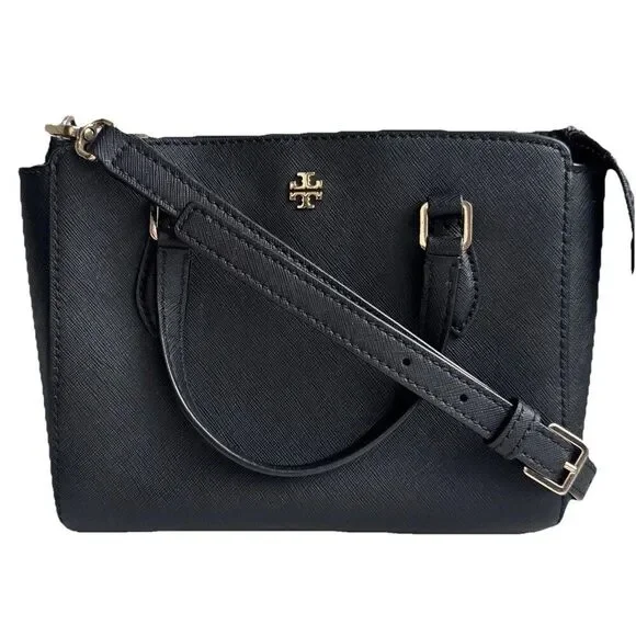 Tory Burch Emerson Mini Tote Crossbody Black Saffiano Leather Bag Gold Hardware