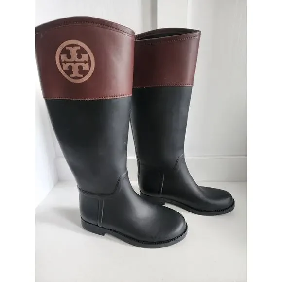 Tory Burch Diana Tall Rubber Rain Boots Womens Size‎ 6 Logo Black Brown Logo