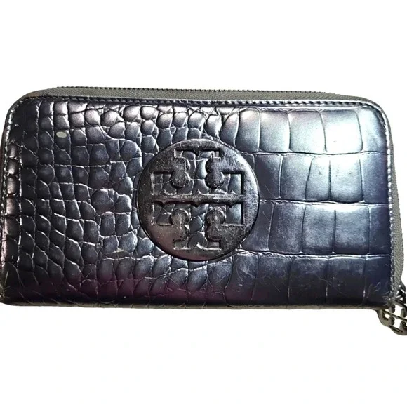 Tory Burch Leather Silver Metallic Croc Embossed Wallet