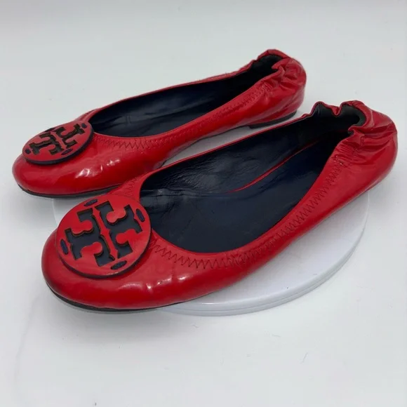 TORY BURCH Red Reva Ballet Flat Patent Leather Shoe Logo‎ Slip On Office Round 7