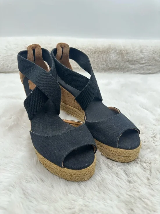 Tory Burch Frieda Espadrille Wedge‎ Sandals Black Strappy Ankle Tie Size 6
