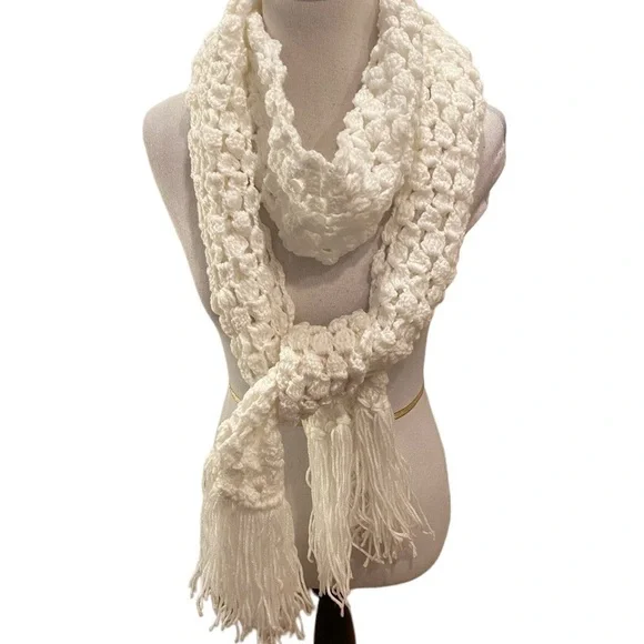 Handmade Crocheted Scarf Pure White Extra Long  94” with Fringe
