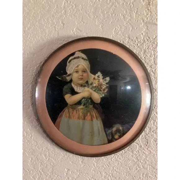 Vintage‎ Round Wall Hanging Dutch Girl Little Dog Print Decor Convex Front 6.5