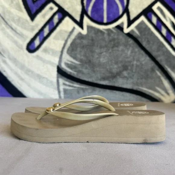 Size 8 - Tory Burch Sandal Tan Platfrom Thong Flip Flop Slide Logo Shoe