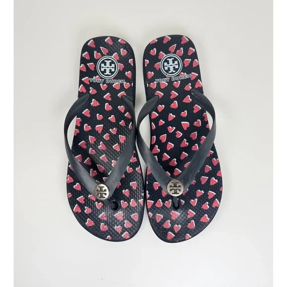 Tory Burch Heart Print Flip Flop Sandals Navy Pink Logo Womens Size 8