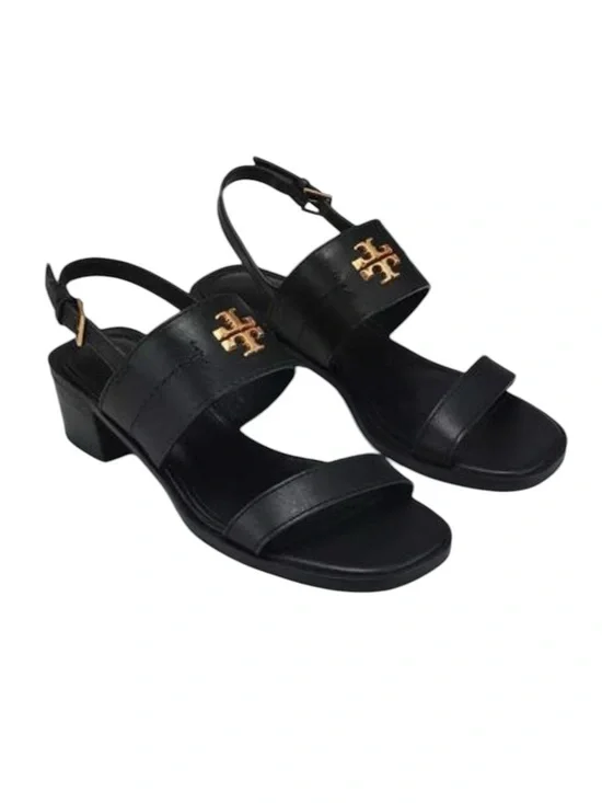NEW Tory Burch Black Leather Everly Logo Slide Heel Sandals retail $295