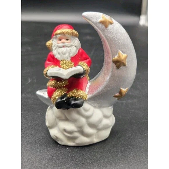 Santa On Crescent Moon Reading A Book Christmas Decor