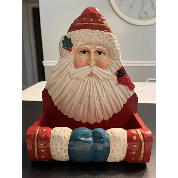 Old Fashioned Traditional Santa & Cardinal Painted Wood Card Box farmhouse