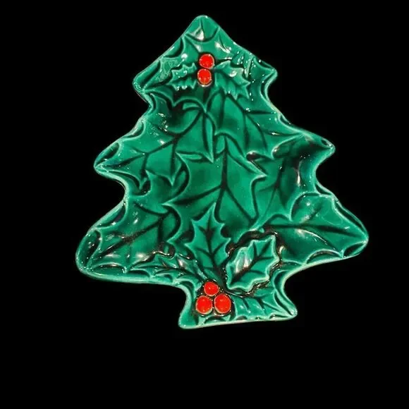 Vintage Holly Berry Christmas Tree Candy Dish 8”