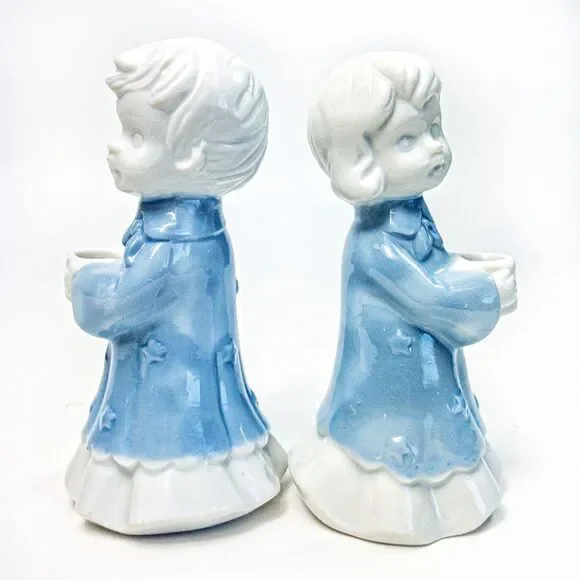Pair Blue Angel Children Porcelain Candle Holders