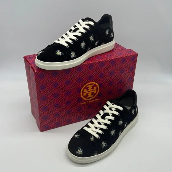 Tory Burch NWB HOWELL COURT SUEDE SNEAKER Color Daybreak Ditsy / Perfect Black