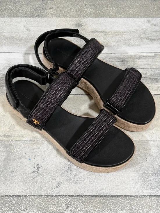 TORY BURCH Sport Platform Espadrille Sandals In Black Raffia Woven Leather Sz-9