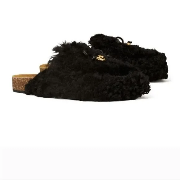Tory Burch Charm Mammouth Shearling Mules Shoes Perfect Black Size 6