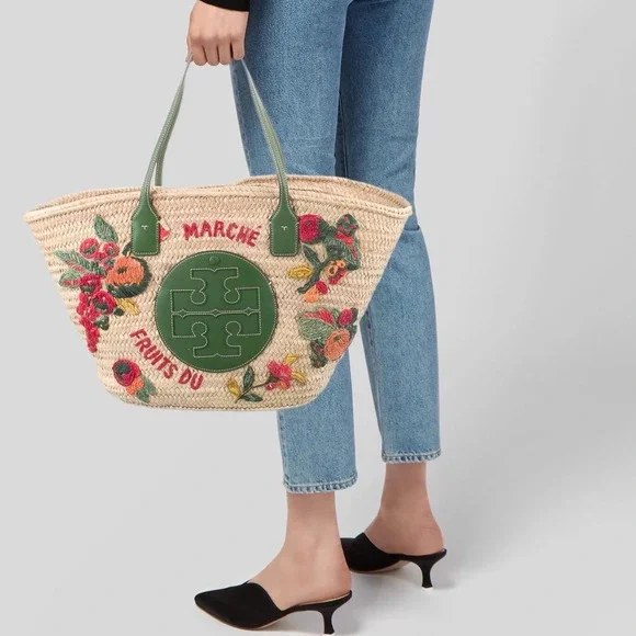 Tory Burch x Doum Womens Hand Woven Embroidered Fruit Ella Basket Tote Bag Large