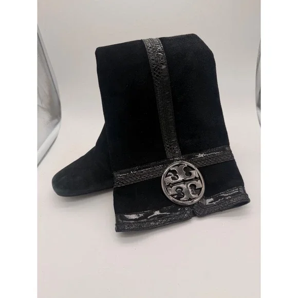 Tory Burch Black Suede Tall Boots Logo Snake Trim Square‎ Toe Block Heel 6M