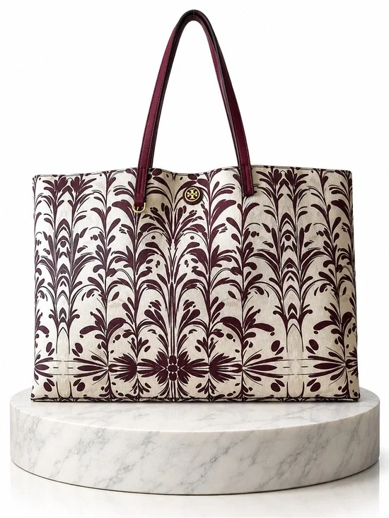 Tory Burch Cream Leather Tote with Burgundy Floral Print and Burgundy Handles