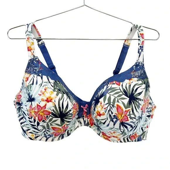 CACIQUE Tropical Floral & Lace Lightly Lined T-shirt Bra • 42DD white blue pink