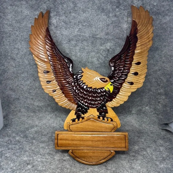 Handmade Wooden Carved Sign Golden Eagle‎ Motorcycle Plaque Harley Mancave Biker