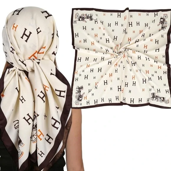 Orange H Black H, Cream and Brown Designer style luxury Scarf