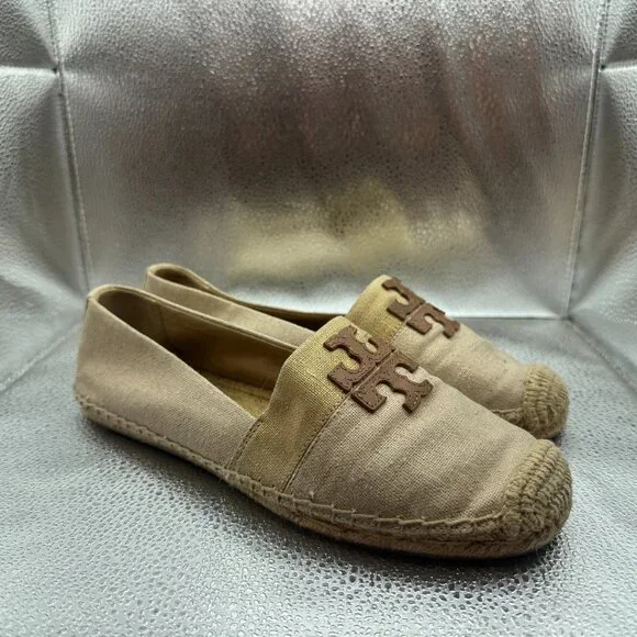 Size 9M Tory Burch Womens Beige Natural‎ Slip-On Weston Espadrille Flat