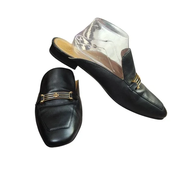 Tory Burch Amelia Black Leather Classic Logo Bar Mules Slides Flats Size 11M