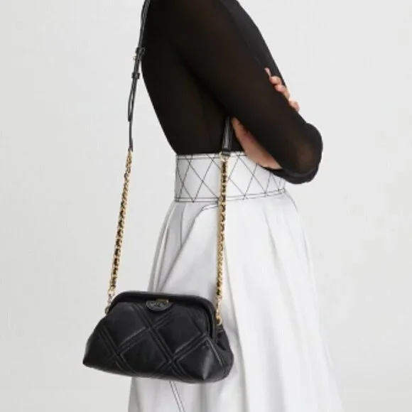 NWT! Tory Burch Fleming Frame Bag -Quilted Crossbody Bag - Small Black Lamb Skin